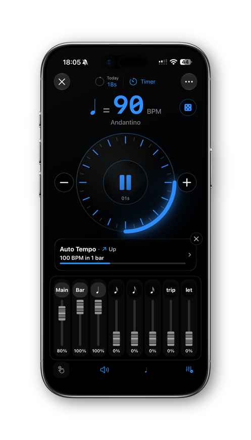 PolyNome metronome with rhythm notation and automatic tempo controls
